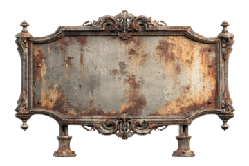  Ornate vintage metal sign with rust texture isolated on white background