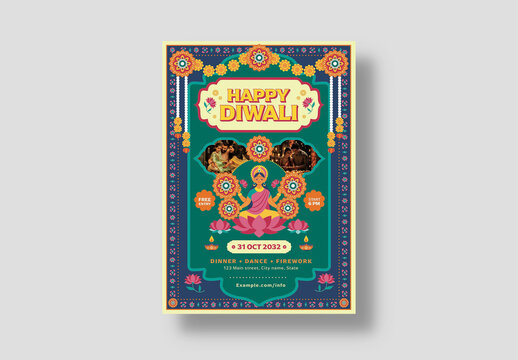 Diwali Flyer Template with Indian Frame Style