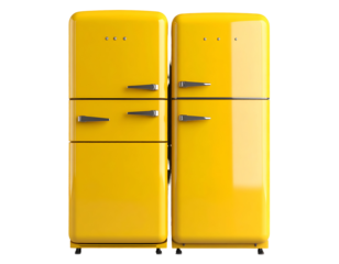 Two retro-style yellow refrigerators stand side-by-side, showcasing a vintage design with metallic handles and a glossy finish.  They're presented against a plain background