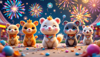 Naklejka premium Cute animals celebrate with joy amidst colorful fireworks, surrounded by confetti and festive decorations. Their playful expressions and vibrant colors create cheerful atmosphere