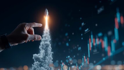 A hand appears to launch a rocket amidst clouds with a background of digital stock market data and graphs. - Powered by Adobe