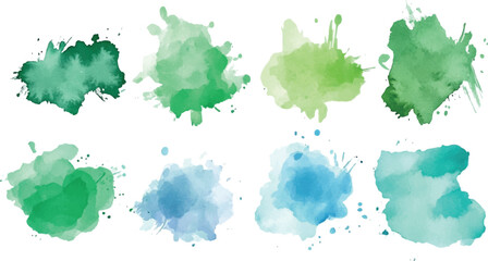 Set of Colorful Watercolor blue green Hand Painted Round Shapes Stains Circles Blobs Isolated Abstract Clouds Pattern Splash Texture Pastel Paint Stain vector design on transparent background