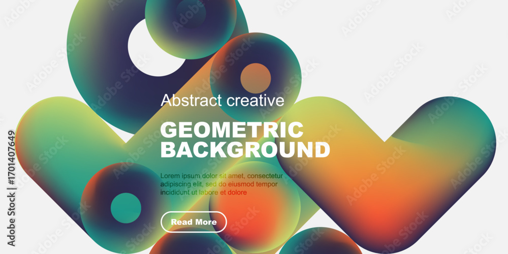 Poster vibrant abstract shapes overlap, creating fluid geometric background. text promotes further explorat