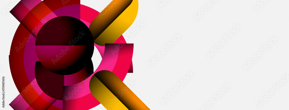 Poster abstract geometric design. vivid colors blend, creating dynamic circular forms. modern aesthetic, si