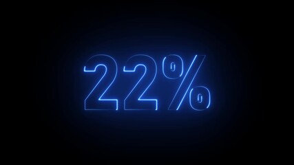Blue neon 22 percent sign on black background twenty two percent