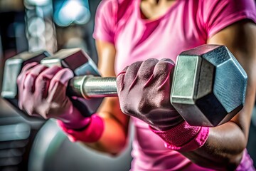 3d icon of closeup of a womans hands in pink gloves lifting a heavy dumbbell during a fitness workout session in a gym, focusing on strength training and muscle building