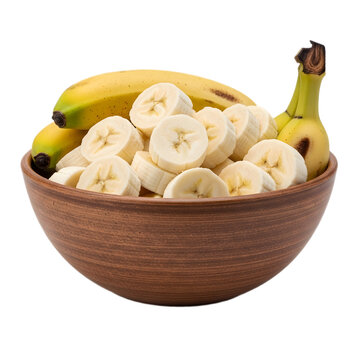A wooden bowl filled with sliced bananas and two whole bananas resting on top, presented against a white background.