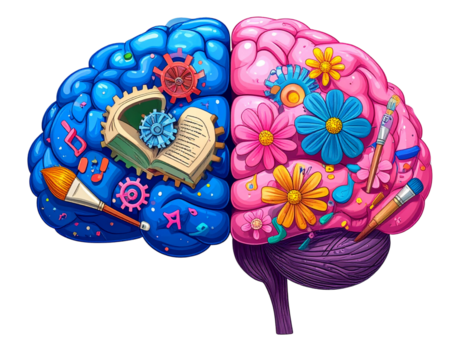 Cartoon Split Brain in Blue and Pink with Doodles of Creativity and Logic, Transparent PNG