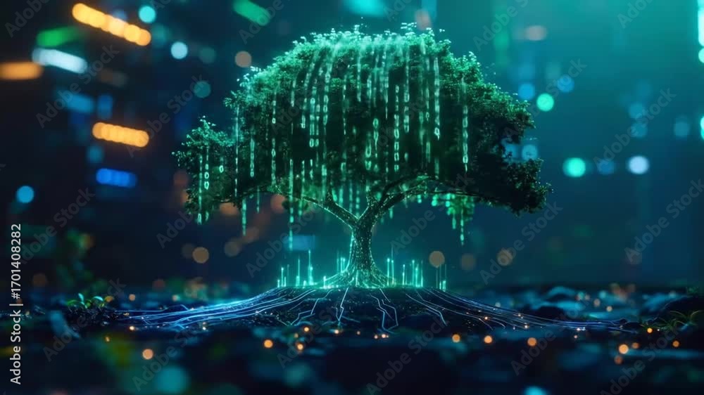 Wall mural digital tree of knowledge: binary code growth