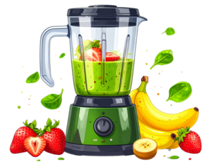 Cartoon-Style Blender Jar with Green Smoothie and Fruity Accents, Transparent PNG