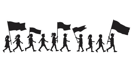 a group of children marching with flags in hand