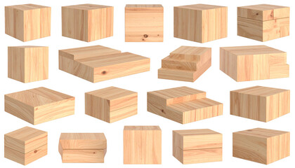 Various light-colored wood blocks, different shapes and sizes