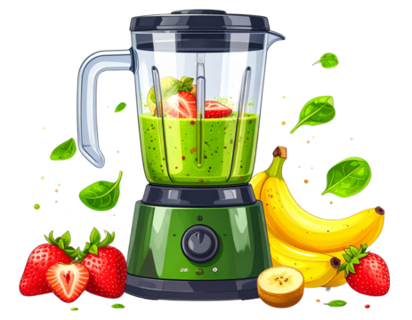 Cartoon-Style Blender Jar with Green Smoothie and Fruity Accents, Transparent PNG - Powered by Adobe