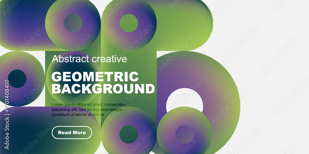 Poster vibrant circles overlap, creating abstract geometric background. text promotes creative design, incl