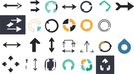 "Multicolor Circular Motion and Directional Arrow Icon Set in Grid Layout"