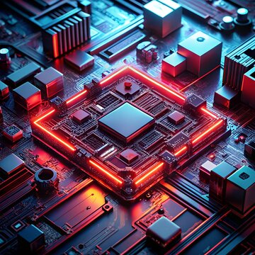 Central processing unit with glowing red lights on a complex circuit board