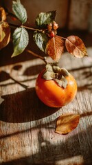 A single ripe persimmon rests on a rustic wooden surface, illuminated by natural light, accompanied by an autumnal branch with vibrant leaves casting shadows