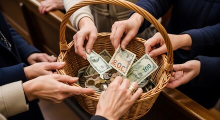Hands donating money in collection basket, symbol of generosity