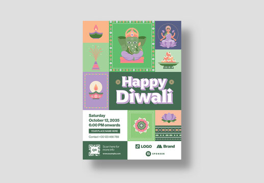 Modern Diwali Flyer Template in Pastel Colours & Flat Illustrations of Ganesh, Lakshmi & Diya Lamps