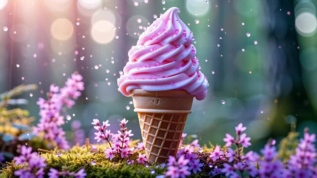 Beautiful Swirled Ice Cream Cone Surrounded by Colorful Flowers and Sparkling Bokeh in Nature Setting