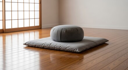 Zen meditation cushion set on wooden floor with shoji screen