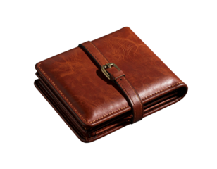  High-quality brown leather wallet with closure strap isolated on transparent background PNG