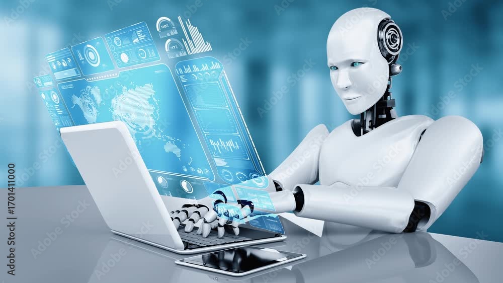 Poster robot hominoid use laptop and sit at table for big data analytic using ai thinking brain , artificia