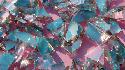Sparkling abstract crystal shards with vibrant iridescent light scattering across a soft pink surface, creating a luxurious and ethereal visual.