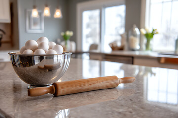 A bowl filled with white eggs next to a wooden rolling pin on a kitchen countertop.