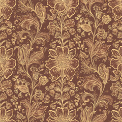 Decorative seamless floral pattern featuring elegant botanical elements on a brown background, patern seamless, Stock royalty.