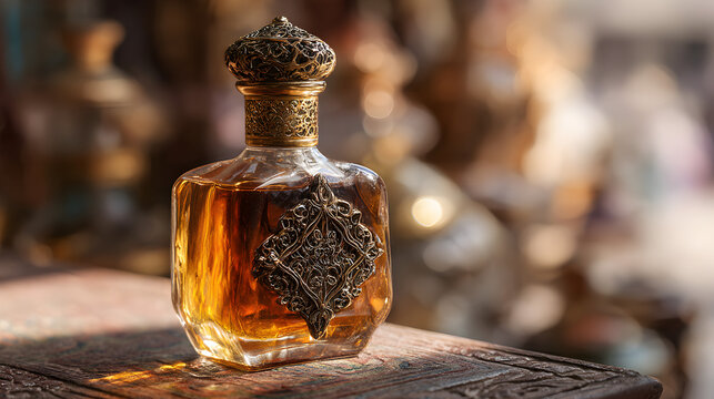 Exquisite vintage amber perfume bottle with ornate gold filigree cap and emblem, presented on a textured wooden surface bathed in warm sunlight.