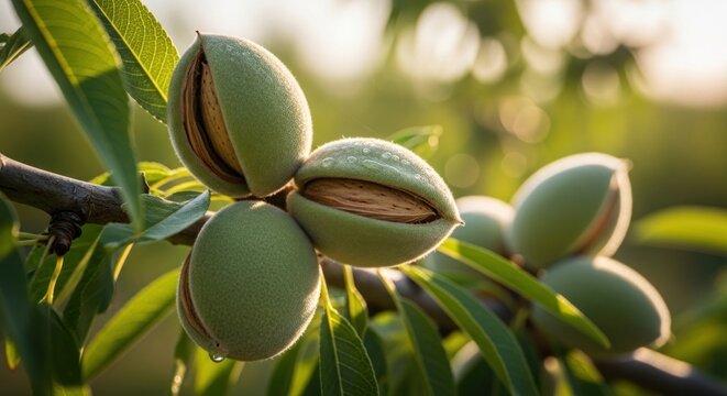 Fresh Almonds Ripe on Tree Branch with Cracking Green Hulls and Dewdrops in Sunlight - Powered by Adobe