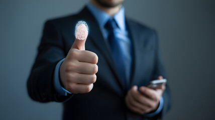 Biometric access approval with thumb up by executive in suit, digital identity confirmed, security success