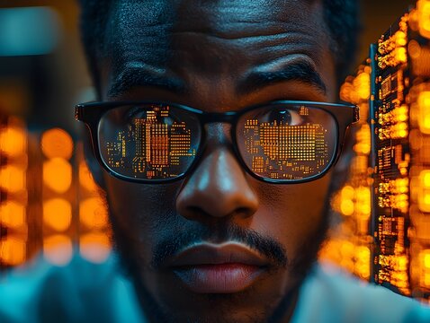 Man wearing glasses with circuit board reflections symbolizing technological insight and future innovation