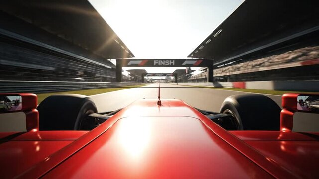 a generic formula one race car racing along the homestretch over the finish line.