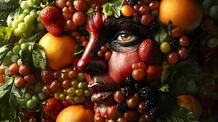 Modern art composition of fruits forming abstract facial structure with detailed textures, creative food concept in artistic style
