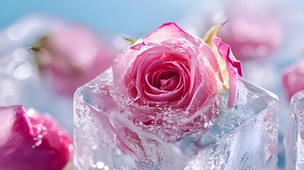 Ice cubes with rose frozen inside, macro photo with crystal clarity, elegant culinary concept and artistic food detail
