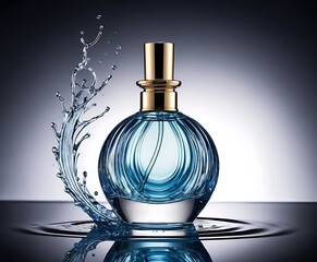 Elegant round turquoise perfume bottle with gold atomizer framed by graceful water splash, luxury cosmetic still life for fragrance advertising, beauty packaging, and premium fashion branding.