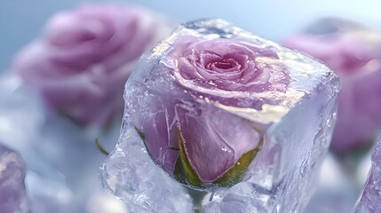 Ice cubes with rose frozen inside, macro photo with crystal clarity, elegant culinary concept and artistic food detail
