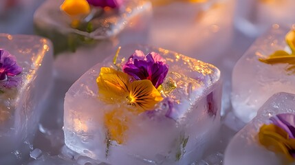 Close-up of transparent ice cubes encasing edible flowers with glowing detail, creative culinary concept with elegant artistic presentation
