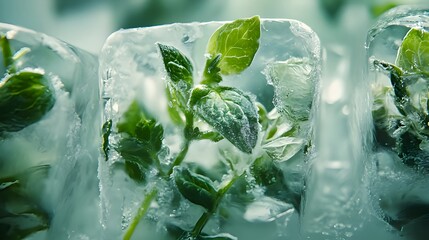 Macro photography of frozen herbs inside crystal-clear ice blocks, creative culinary concept with fresh organic detail
