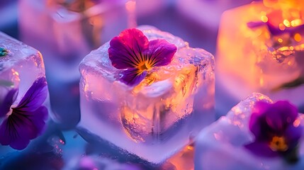 Close-up of transparent ice cubes encasing edible flowers with glowing detail, creative culinary concept with elegant artistic presentation
