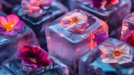 Close-up of transparent ice cubes encasing edible flowers with glowing detail, creative culinary concept with elegant artistic presentation
