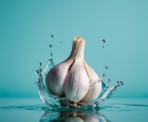 Whole garlic bulb bursting through clear splash on teal, aromatic culinary hero ingredient for Mediterranean recipes, immunity support, and natural wellness scenes.