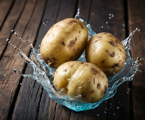 Fresh baby potatoes splashing in clear water over rustic wooden table, dramatic farm-to-kitchen washing concept for harvest, recipe prep, and authentic cooking stories.