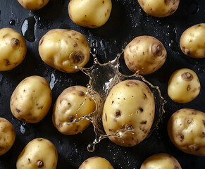 Fresh baby potatoes tumbling with dramatic water splash on black, rustic farm-to-table concept for harvest, hearty recipes, and authentic comfort-food storytelling.