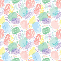 Colorful watercolor seamless pattern with abstract shapes and brushstrokes on a white background, seamless pattern, royalty free stock.