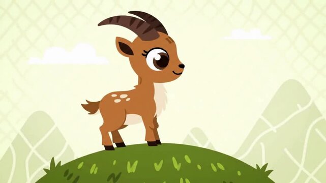 Animated Cartoon Ibex Standing on a Green Hill with Smiling Expression