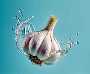 Whole garlic bulb bursting through refreshing water splash on teal background, aromatic culinary ingredient for Mediterranean cooking, immunity support, and natural wellness.