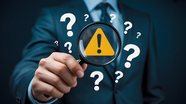 Businessman examines crucial warning symbol amidst swirling questions, seeking clarity and solutions for complex problems.